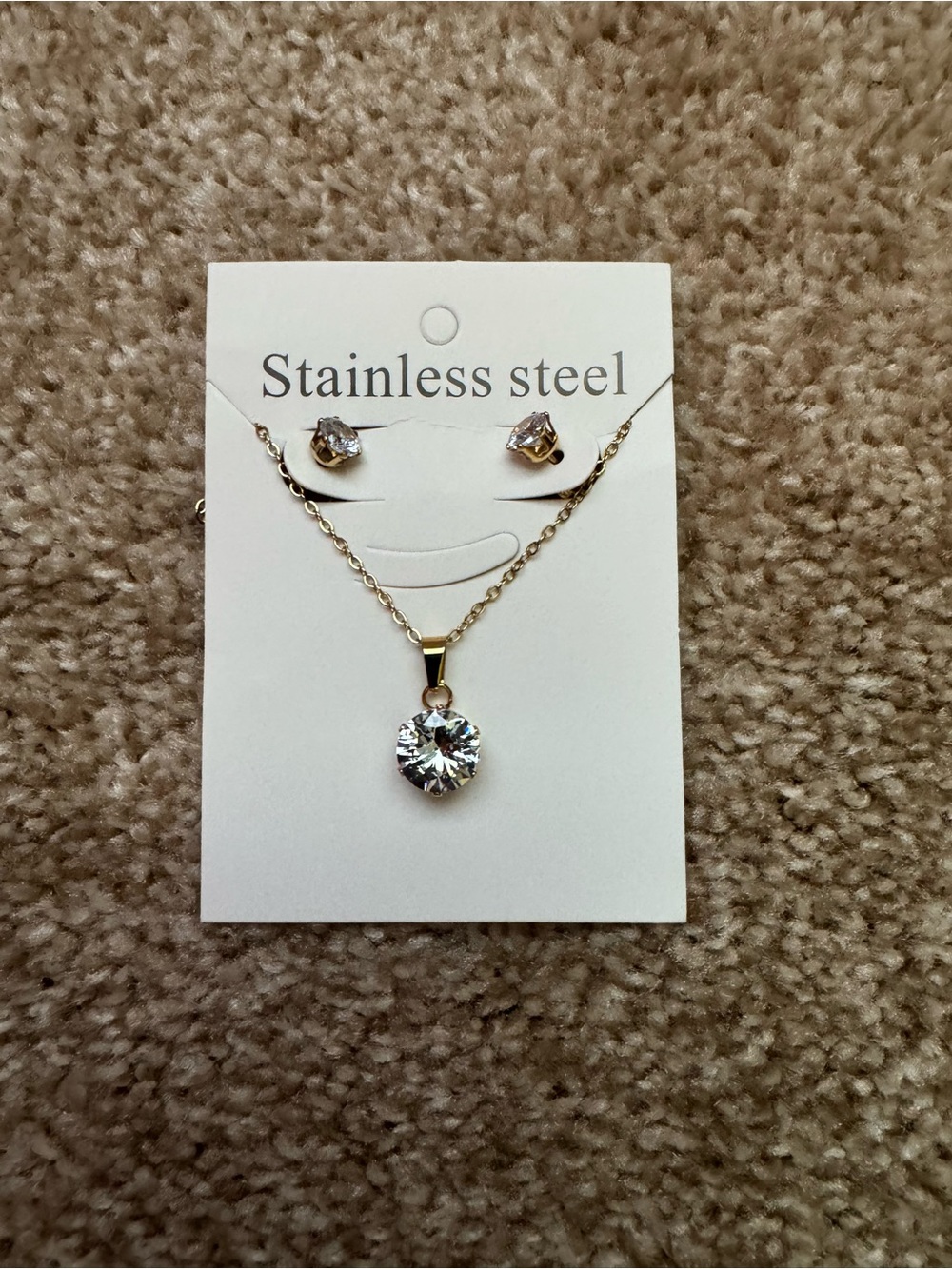 Fashion Jewelry Gold-Tone Necklace and Stud Earring Set with Clear Stones